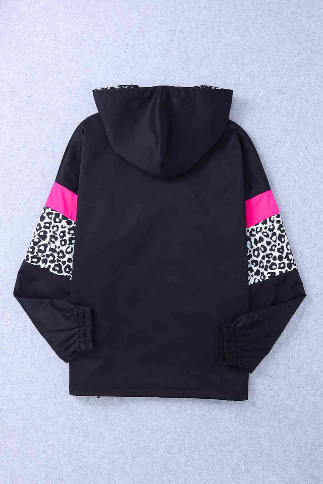 Double Take Leopard Color Block Zip-Up Hooded Jacket