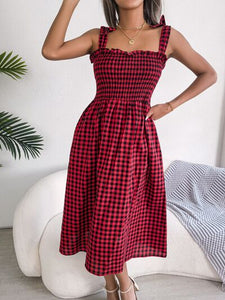 Frill Plaid Square Neck Midi Dress