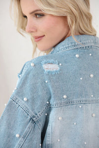 Distressed Pearl Trim Button Up Denim Jacket