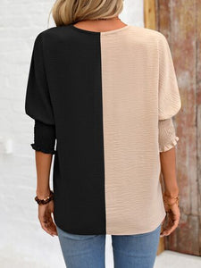 Contrast V-Neck Lantern Sleeve Blouse