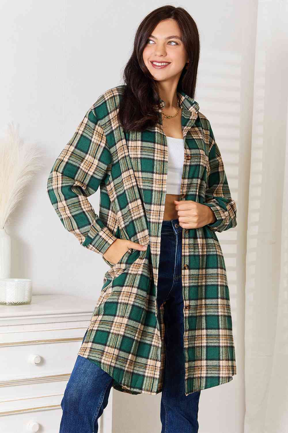 Double Take Plaid Collared Neck Long Sleeve Shirt