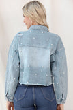 Distressed Pearl Trim Button Up Denim Jacket