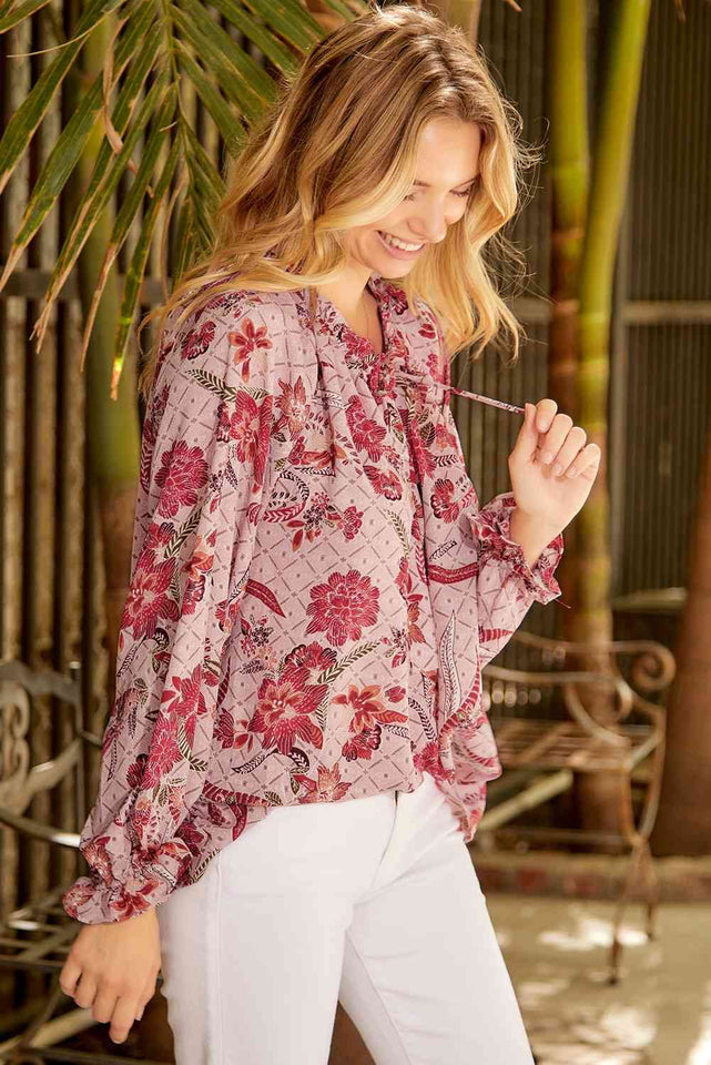 Floral Tie Neck Flounce Sleeve Blouse - Rags 2 Riches Shop