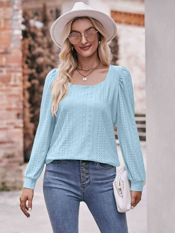 Double Take Eyelet Square Neck Puff Sleeve Blouse