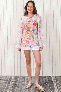 Double Take Floral Round Neck Flounce Sleeve Blouse