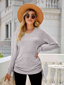 Drawstring V-Neck Long Sleeve T-Shirt - Rags 2 Riches Shop