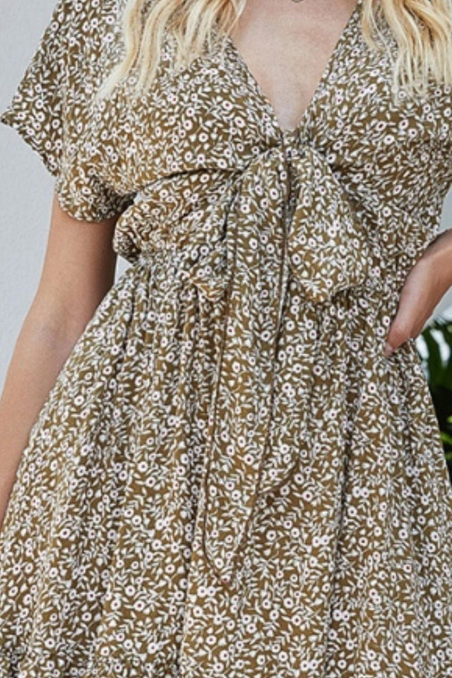 Tied Floral V-Neck Cap Sleeve Dress