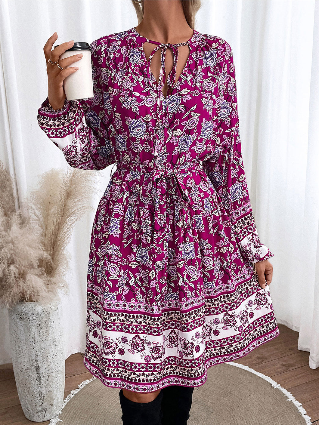 Floral Tie Neck Balloon Sleeve Dress