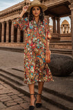 Printed Surplice Lantern Sleeve Midi Dress