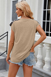 Leopard Round Neck Cap Sleeve T-Shirt