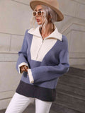 Double Take Color Block Half-Zip Dropped Shoulder Knit Pullover