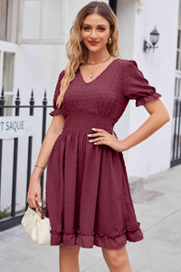 Swiss Dot Frill Trim Flounce Sleeve V-Neck Dress