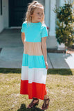 Girls Color Block Round Neck Maxi Dress