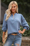 Double Take Half Button Puff Sleeve Blouse