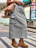 Drawstring Waist Slit Denim Skirt