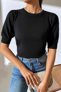 Round Neck Puff Sleeve Knit Top