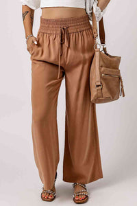 Drawstring Smocked Waist Wide Leg Pants