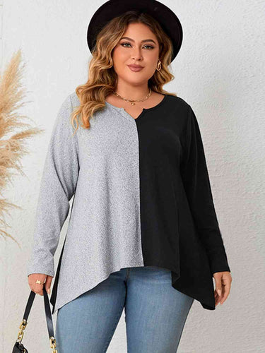 Plus Size Contrast Notched Neck T-Shirt - Rags 2 Riches Shop