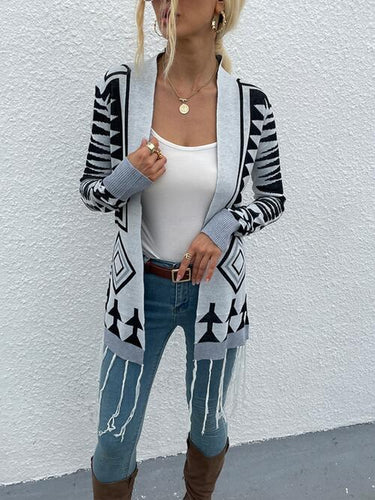 Geometric Fringe Hem Open Front Cardigan