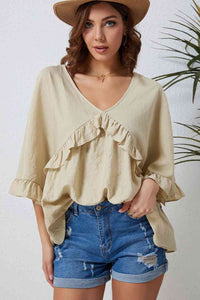 Double Take Ruffled V-Neck Half Sleeve Blouse