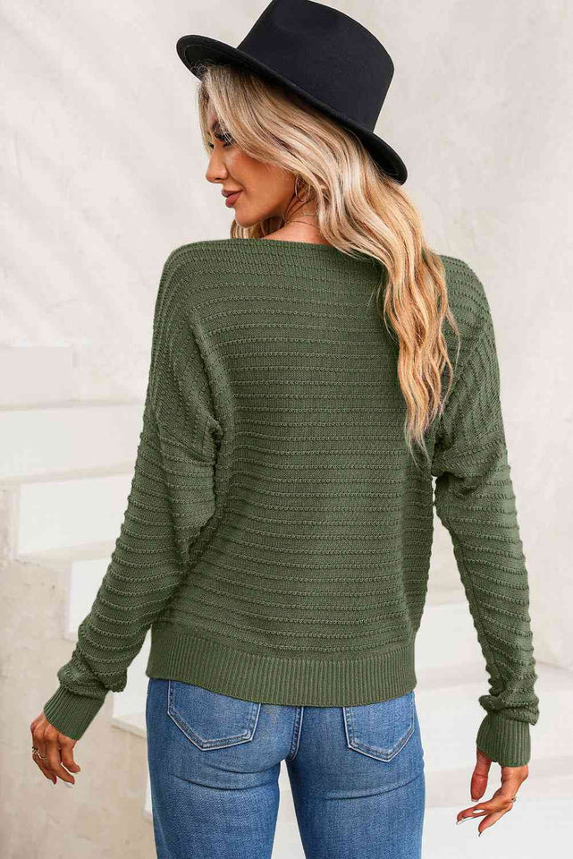 Horizontal Ribbing Round Neck Sweater