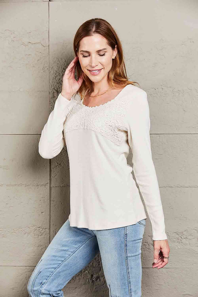 Double Take Lace Crochet Long Sleeve Top