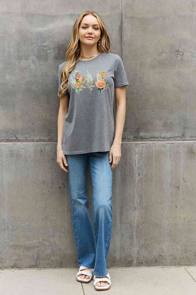 Simply Love Flower Graphic Round Neck Cotton Tee