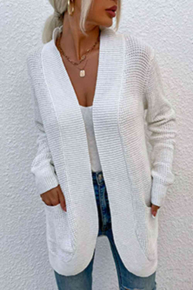 Open Front Rib-Knit Cardigan with Pockets