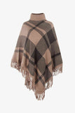 Plaid Turtleneck Fringe Hem Poncho