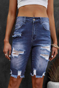 Distressed Frayed Hem Denim Bermuda Shorts