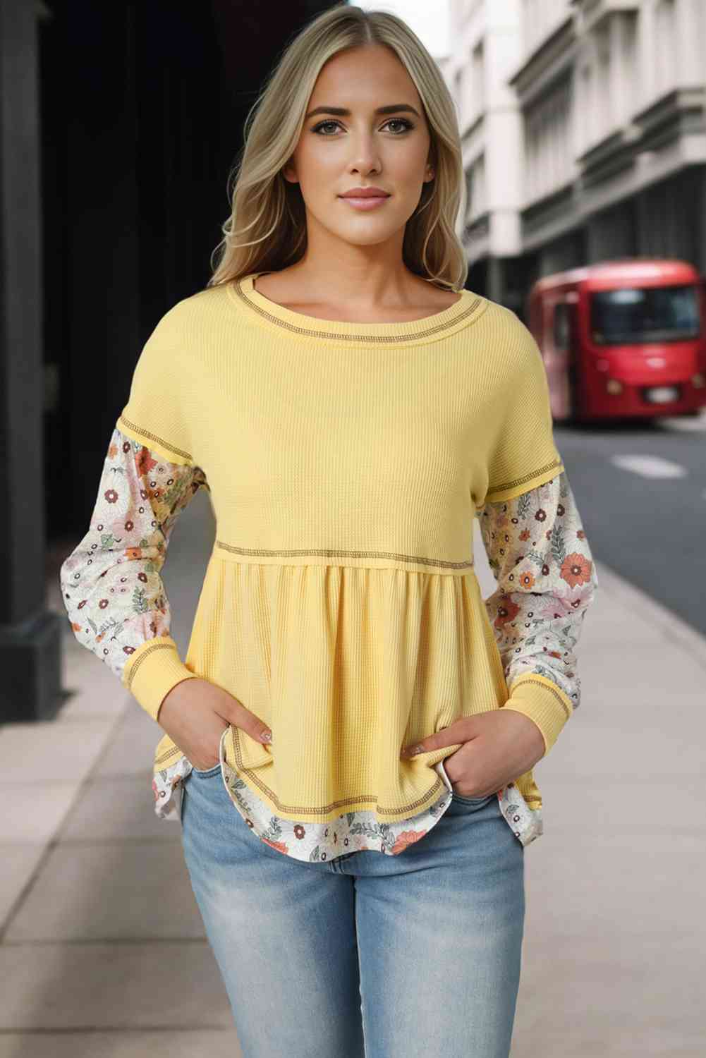 Round Neck Long Sleeve Babydoll Blouse - Rags 2 Riches Shop