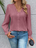 V-Neck Lace Detail Flounce Sleeve Blouse