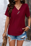 Eyelet Decorative Button V-Neck T-Shirt