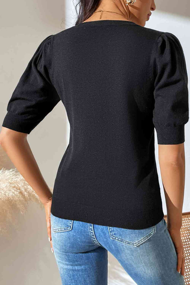 Round Neck Puff Sleeve Knit Top