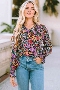 Floral Tie Neck Flounce Sleeve Blouse - Rags 2 Riches Shop