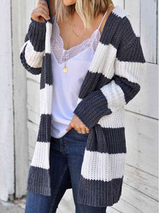 Striped Open Front Hooded Cardigan