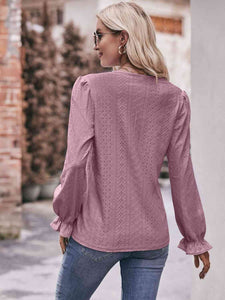 Double Take Eyelet V-Neck Flounce Sleeve Blouse