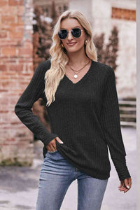 Double Take V-Neck Long Sleeve Ribbed Top