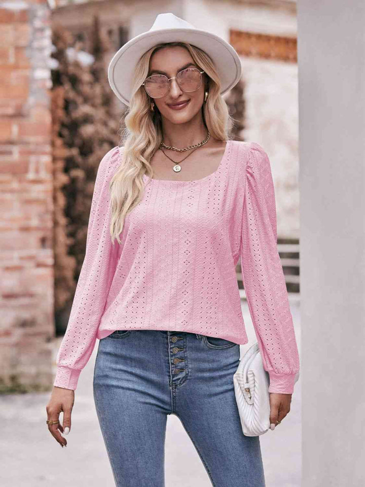 Double Take Eyelet Square Neck Puff Sleeve Blouse