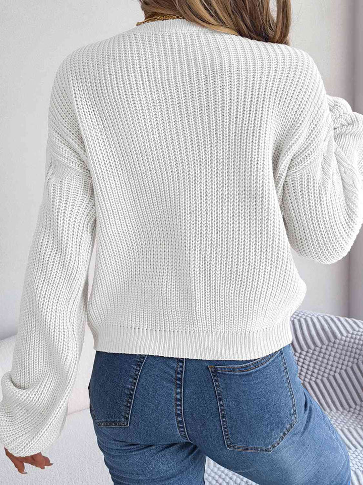 Cable-Knit Round Neck Drop Shoulder Sweater - Rags 2 Riches Shop