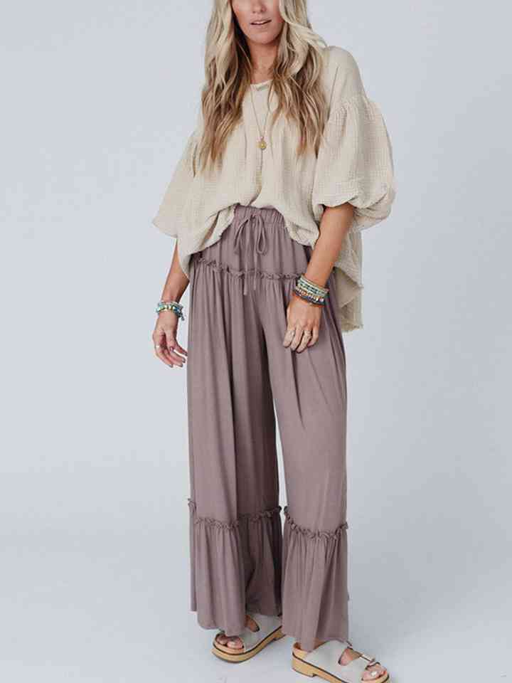 Wide Leg Ruffle Trim Pants