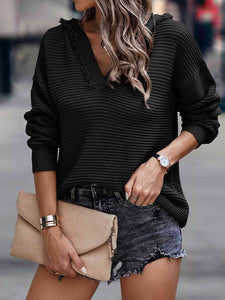 Horizontal Ribbing Hooded Sweater