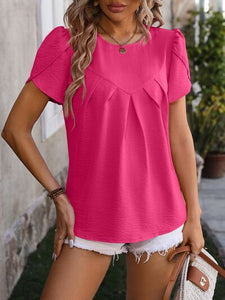 Ruched Round Neck Petal Sleeve Blouse