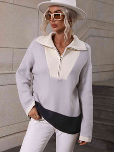 Double Take Color Block Half-Zip Dropped Shoulder Knit Pullover