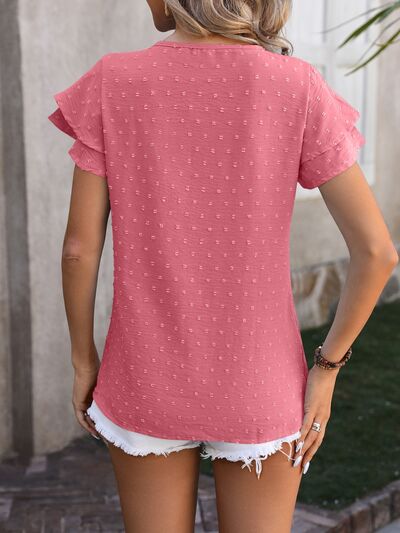 Swiss Dot Tie-Neck Flutter Sleeve Blouse