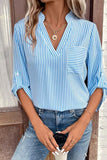 Striped Notched Roll-Tab Sleeve Shirt