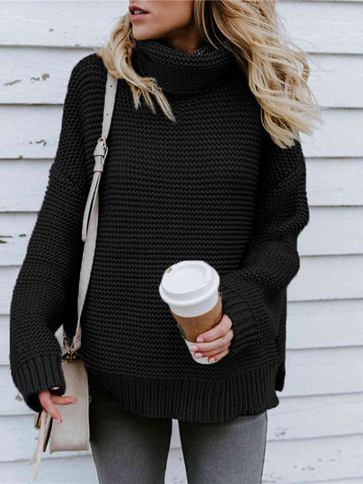 Turtleneck Dropped Shoulder Slit Sweater - Rags 2 Riches Shop