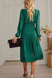 Slit Smocked Mock Neck Puff Sleeve Midi Dress