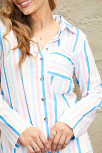 Double Take Striped Long Sleeve Collared Shirt