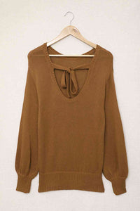 Double Take Tied Balloon Sleeve Round Neck Sweater